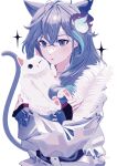  1boy androgynous animal animal_ears blue_hair cat cat_boy cat_ears cat_tail hair_between_eyes highres holding holding_animal holding_cat holostars light_blush long_hair looking_ahead male_focus minase_rio minase_rio_(1st_costume) nostresstuna open_mouth purple_eyes purple_hair ringed_eyes solo star_(symbol) tail upper_body virtual_youtuber white_background 