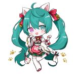  1girl :3 :d ahoge animal_ear_legwear animal_ears blush cat_ear_legwear cat_ears cat_tail chibi fang green_eyes green_hair hair_between_eyes hair_ornament hair_ribbon heterochromia highres long_hair maro_maro_3939 paw_pose pink_eyes ribbon smile solo tail thighhighs twintails very_long_hair vocaloid white_thighhighs 