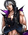  1boy artist_name black_gloves black_hair chest fur_trim gloves highres looking_at_viewer male male_focus multicolored_hair muscle navel open_clothes signature silver_hair solo soul_calibur soulcalibur_v tattoo tenyo0819 vest white_background zwei_(soulcalibur) 