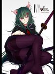  animal_ears ass black_legwear blush cat_ears green_hair highres illusionk katana long_hair looking_at_viewer original panties panties_under_pantyhose pantyhose pink_eyes school_uniform skirt solo sword thighband_pantyhose underwear very_long_hair weapon 