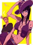  1boy 1girl armlet bad_id bad_twitter_id belt black_hair blue_eyes blunt_bangs border breasts cleavage clenched_teeth closed_mouth earrings extra_hands eyelashes green_eyes green_hair hand_on_headwear haramaki highres jewelry looking_at_viewer nico_robin one_piece petals purple_headwear purple_skirt robe roronoa_zoro short_hair sideburns skirt smile squiggle teeth v-shaped_eyebrows white_border wl6yugi8go1 yellow_background 