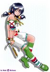  1girl artist_name bare_shoulders black_hair brown_eyes character_name jewelry looking_at_viewer low_twintails maki_michaux midriff necklace shorts sitting smile solo soul_calibur soulcalibur_ii talim tonfa twintails weapon 