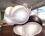 absurd_res anthro big_breasts big_butt breasts butt canid canine canis classroom clothing domestic_dog female growing growth hi_res huge_breasts huge_butt hyper hyper_breasts hyper_butt latex latex_clothing lavochnica mammal school solo teacher