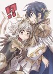  !? 1boy 1girl alfonse_(fire_emblem) armor armored_dress black_dress blonde_hair blue_cape blue_eyes blue_hair blush breastplate brown_gloves cape closed_mouth commentary dress fire_emblem fire_emblem_heroes gloves gold_trim gradient_hair grey_hair hair_ornament height_difference hug long_sleeves multicolored_hair official_alternate_costume profile red_eyes shippo3101 short_hair shoulder_armor simple_background sweatdrop two-tone_cape veronica_(fire_emblem) veronica_(princess_rising)_(fire_emblem) white_background white_cape 