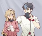  1boy 1girl absurdres agnes_claudel ahoge black_hair blonde_hair blue_eyes blush closed_eyes cup eiyuu_densetsu hair_between_eyes highres holding holding_cup jewelry kuro_no_kiseki leorlontyan light_rays long_hair mug multicolored_hair necklace open_mouth ribbed_sweater simple_background sunbeam sunlight sweater two-tone_hair van_arkride wristband 