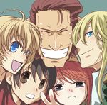  3boys :&lt; ahoge blonde_hair blue_eyes brown_eyes brown_hair chin chin_on_head chin_rest cleft_chin closed_eyes eris_(tamashii_no_shoumei) face grin heracles_no_eikou heracles_no_eikou_tamashii_no_shoumei hero_(tamashii_no_shoumei) leucos long_hair multiple_boys multiple_girls open_mouth pokapin_(kuehnel) red_hair self-proclaimed_heracles short_hair shukion simple_background smile teeth v 