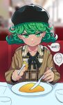  1girl black_headwear black_ribbon brown_jacket collarbone curly_hair eating food food_on_face fork green_eyes green_hair holding holding_fork holding_knife indoors jacket knife neck_ribbon one-punch_man open_clothes open_jacket plate ribbon short_hair slammo solo speech_bubble table tatsumaki 