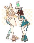  2girls absurdres animal_ears black_hair blonde_hair broken_plate cake cat_ears cat_tail cup dress drink fake_animal_ears food full_body green_dress hand_on_own_hip heart heart-shaped_pupils highres long_hair looking_at_viewer multiple_girls naneun_eimileul_salanghae one_eye_closed pink_dress plate puffy_short_sleeves puffy_sleeves rabbit_ears roller_skates short_hair short_sleeves skates smile strawberry_cake sweat symbol-shaped_pupils tail teacup thighhighs tray unn1666 white_background white_thighhighs 