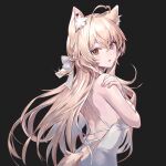  1girl absurdres ahoge animal_ear_fluff animal_ears black_background blonde_hair bow breasts cat_ears cat_girl cat_tail crossed_bangs double-parted_bangs dress grey_eyes hair_between_eyes hair_bow hand_on_own_shoulder heterochromia highres large_breasts lee_jooin long_hair looking_at_viewer open_mouth red_eyes simple_background solo tail twice12314 v-lup very_long_hair virtual_youtuber white_bow white_dress 