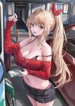  1girl absurdres bare_shoulders black_bra black_skirt blonde_hair blue_eyes blush bra breasts car cellphone cleavage commentary_request gas_pump hair_ornament highres holding holding_phone jacket korean_commentary large_breasts lillly long_hair long_sleeves looking_at_viewer midriff motor_vehicle navel off_shoulder open_mouth original phone ponytail red_jacket skirt smartphone solo stomach underwear 