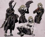  1girl armor black_armor blonde_hair blood breastplate character_request copyright_request full_armor gauntlets helmet highres ho-uja lance navel polearm smile solo weapon 