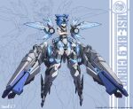  1girl absurdres ahoge blue_eyes blue_hair blue_wings cirno commentary crossed_arms daniel_w.j. energy_gun english_commentary flat_chest full_body highres huge_ahoge huge_weapon long_legs looking_at_viewer mecha_musume mechanical_wings mechanization neon_trim short_hair solo touhou weapon wings zoom_layer 