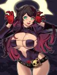  1girl alternate_costume alternate_hair_color belt bikini black_gloves black_hair black_leotard breasts center_opening claw_pose cleavage colored_inner_hair commentary curvy english_commentary eyepatch_bikini gloves green_eyes guilty_gear guilty_gear_xrd halo highres jack-o&#039;_valentine large_breasts leotard long_hair loose_belt lower_teeth_only messy_hair multicolored_hair narrow_waist open_mouth red_gloves red_hair sideboob skindentation skullworms solo spaghetti_strap spiked_halo swimsuit teeth thigh_gap two-tone_gloves two-tone_hair underboob variant_set very_long_hair 