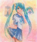  artist_name chibi green_eyes green_hair hatsune_miku long_hair mayo_riyo multiple_girls nail_polish open_mouth school_uniform serafuku skirt skirt_hold thighhighs traditional_media twintails very_long_hair vocaloid 