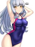  1girl arms_behind_head blush breasts competition_swimsuit covered_navel cowboy_shot dated grey_hair hair_ribbon highres kantai_collection long_hair looking_at_viewer medium_breasts montemasa multicolored_clothes multicolored_swimsuit murakumo_(kancolle) one-hour_drawing_challenge one-piece_swimsuit purple_one-piece_swimsuit red_one-piece_swimsuit ribbon smile solo swimsuit tress_ribbon twitter_username two-tone_swimsuit 