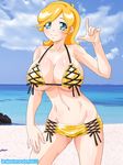  1girl beach bikini blonde_hair blue_eyes brabustersystem breasts cleavage large_breasts magutan original short_hair solo swimsuit 
