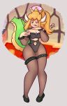 absurd_res animal_humanoid animal_tail armwear black_clothing black_footwear black_leotard black_shoes blonde_hair blue_eyes bowser bowsette_meme breasts brown_armwear brown_clothing brown_legwear cleavage clothed clothing crossgender crown female footwear green_body green_scales grey_background hair headgear hi_res horn horned_humanoid humanoid legwear leotard lizard_humanoid mario_bros meme mosunoru navel navel_cutout nintendo reptile reptile_humanoid scales scalie scalie_humanoid simple_background smile solo studded_bracelet super_crown tail tailed_humanoid tan_body tan_skin thick_thighs tongue tongue_out white_horn wide_hips