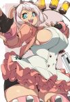  1girl absurdres ahoge blue_eyes bracelet breasts dress elphelt_valentine gloves guilty_gear guilty_gear_strive hairband highres huge_breasts jacket jewelry naze open_clothes open_jacket pink_jacket sideboob signature simple_background solo spiked_bracelet spiked_gloves spiked_hairband spikes white_dress white_hair 