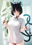  1girl animal_ears black_eyes black_hair blue_archive breasts cat_ears cat_tail choker eyeliner halo highres kikyou_(blue_archive) large_breasts looking_at_viewer makeup multiple_tails parted_bangs shirt short_hair short_sleeves solar_(happymonk) solo tail two_tails white_shirt 
