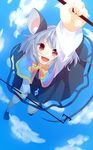  animal_ears arm_up blue_sky blush capelet cloud day dowsing_rod grey_hair highres jewelry kozakura_(dictionary) mouse_ears mouse_tail nazrin open_mouth pendant red_eyes short_hair skirt sky smile solo tail touhou 