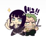  1boy 1girl bad_id bad_twitter_id black_dress black_hair black_pants blue_eyes blunt_bangs chibi commentary_request dress extra_arms green_eyes green_hair haramaki holding holding_sword holding_weapon lowres medium_hair nico_robin one_piece pants roronoa_zoro shirt simple_background star_(symbol) sword v-shaped_eyebrows weapon white_background wl6yugi8go1 yellow_shirt 