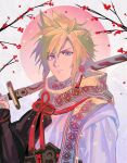  1boy blonde_hair blue_eyes cherry_blossoms cloud_strife cloud_strife_(official_festive_garb) earrings final_fantasy_vii_ever_crisis hand_up highres hityandayo holding holding_sword holding_weapon japanese_clothes jewelry katana kimono male_focus multicolored_clothes multicolored_kimono over_shoulder red_tassel scarf seigaiha serious short_hair solo spiked_hair sword sword_over_shoulder tassel tassel_earrings upper_body weapon weapon_over_shoulder 