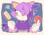  1girl animal_ears blaze_the_cat cat_ears cat_girl cat_tail eyelashes forehead_jewel frown furry furry_female gloves hair_brush hair_down highres midriff_peek purple_fur purple_shirt shirt sonic_(series) stellarspin tail white_gloves yellow_eyes 