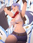  1girl ;p arms_up artist_name axe bandana belt blacksmith_(ragnarok_online) breasts brown_belt crop_top cutoffs front-tie_top gloves highres holding holding_axe koyorin large_breasts long_hair navel one_eye_closed purple_eyes purple_hair ragnarok_online red_bandana shirt short_shorts shorts sleeveless sleeveless_shirt solo tongue tongue_out 