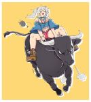  absurdres ahoge alternate_costume animal_ears anstatic boots brown_footwear bull closed_eyes commentary frayed_cable grey_hair highres hololive laughing lion_ears lion_girl lion_tail long_hair messy_hair micro_shorts open_mouth poncho red_shorts riding shirt_overhang shishiro_botan shorts simple_background ssrb_(shishiro_botan) symbol-only_commentary tail twintails virtual_youtuber yellow_background 