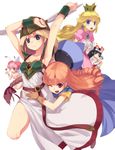  alena_(dq4) armpits arms_up bad_id bad_pixiv_id blonde_hair blue_eyes breasts dragon_quest dragon_quest_iv green_armor hat honey_bee_(bug-tte_honey) kiki_kaikai long_hair looking_at_viewer mario_(series) medium_breasts multiple_girls pink_hair princess_peach sayo_(kiki_kaikai) simple_background smile sumaki_shungo super_mario_bros. takahashi_meijin_no_bug-tte_honey valkyrie_(vnd) valkyrie_no_densetsu very_long_hair white_background 