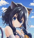  1girl 1other animal_ears black_hair blue_gloves blue_sky cat_ears cat_tail cloud dress eyebrows_hidden_by_hair fran_(tensei_shitara_ken_deshita) gloves hair_between_eyes head_tilt highres holding holding_sword holding_weapon long_bangs looking_at_viewer medium_hair out_of_frame partially_fingerless_gloves saki_009 shishou_(tensei_shitara_ken_deshita) short_hair sky solo_focus strapless strapless_dress sword tail tensei_shitara_ken_deshita upper_body weapon 