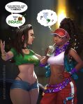  2girls baggy_pants belt black_hair blue_hair blurry blurry_background bracelet breasts brown_eyes clothes_writing colored_tips crop_top cup denim denim_shorts disposable_cup dreadlocks drinking_straw earbuds earphones english_text fingerless_gloves gloves hand_on_own_hip highres jewelry kimberly_jackson laura_matsuda multicolored_hair multiple_girls navel official_alternate_costume official_alternate_hairstyle open_fly panties pants panty_peek parody pendant_choker purple_scarf scarf short_shorts shorts single_glove speech_bubble spray_can stomach street_fighter street_fighter_6 street_fighter_v suddakka the_fast_and_the_furious thong underboob underwear visor_cap walkman wavy_hair 