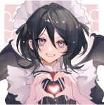  1girl black_hair bleach choro-nakini dress heart heart_hands highres kuchiki_rukia long_hair looking_at_viewer maid maid_headdress purple_eyes shinigami smile solo wings 