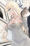  1girl 1other bag blonde_hair blue_archive blue_eyes blue_halo breasts cleavage covered_navel dongtan_dress dress earrings estelle8js grey_dress halo highres holding holding_bag jewelry large_breasts long_hair meme_attire necklace parted_lips toki_(blue_archive) 