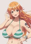  1girl :d bikini blush blush_stickers bracelet breasts collarbone green_bikini grey_background highres jewelry kojirou! large_breasts log_pose long_hair looking_at_viewer nami_(one_piece) navel one_piece open_mouth orange_eyes orange_hair shoulder_tattoo simple_background smile solo swimsuit tattoo upper_body 
