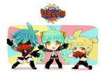  2boys agitation_(module) aqua_hair blonde_hair blue_hair gloves hatsune_miku kagamine_len kaito kore_hitotsubu mask multiple_boys project_diva_(series) project_diva_f smile translated twintails unhappy_refrain_(vocaloid) vocaloid yellow_eyes 