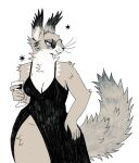 2024 anthro black_clothing black_dress breasts cheek_tuft cleavage clothed clothing dress ear_tuft eyewear facial_tuft female fur glasses hand_on_hip hi_res holding_wine_glass leg_tuft mammal neck_tuft portrait rodent sciurid shoulder_tuft simple_background smile solo tan_body tan_fur teeth thorn_paw three-quarter_portrait tree_squirrel tuft whiskers white_background white_body white_fur