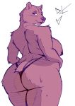 anthro bear big_butt biped blush bodily_fluids breasts butt clothed clothing desertkaiju female fur hi_res looking_at_viewer looking_back mammal mature_female nipples solo sweat thick_thighs thong topless underwear