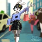 ambiguous_gender anthro bare_shoulders blue_eyes blurred_background bottomwear camera city clothing fur gesture girly grey_body grey_fur hi_res lagomorph leporid lostwisdom male mammal rabbit shopping_bag skirt solo waving