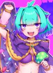  1girl :d aqua_hair bandeau blush breasts colored_tips fate/grand_order fate_(series) gold_choker gold_trim highres holding holding_mushroom hooded_robe kibinago_(kibinago614) locusta_(fate) looking_at_viewer multicolored_hair mushroom navel open_mouth outline purple_eyes purple_robe robe saliva sharp_teeth short_hair simple_background small_breasts smile solo teeth upper_body upper_teeth_only 