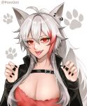  1girl animal_ear_fluff animal_ears black_jacket breasts chest_strap cleavage collarbone cowlick fangs gabu_rinka grey_hair hair_between_eyes highres indie_virtual_youtuber jacket large_breasts long_hair multicolored_hair paw_print portrait red_eyes red_hair red_shirt shirt smile solo streaked_hair tama_(ponz3o1) tongue tongue_out twitter_username virtual_youtuber wolf_ears wolf_girl 