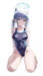  1girl absurdres animal_ear_fluff animal_ears bare_arms bare_legs bare_shoulders barefoot black_one-piece_swimsuit blue_archive blue_eyes blue_halo blush breasts chinese_commentary commentary_request competition_swimsuit covered_navel cross cross_hair_ornament extra_ears grey_hair hair_ornament halo highleg highleg_swimsuit highres inverted_cross kneeling looking_at_viewer low_ponytail medium_breasts medium_hair mismatched_pupils multicolored_clothes multicolored_swimsuit official_alternate_costume one-piece_swimsuit shenqi_xiao_hong_zai_nali shiroko_(blue_archive) shiroko_(swimsuit)_(blue_archive) solo swimsuit thighs two-tone_swimsuit water_drop wet white_background wolf_ears 