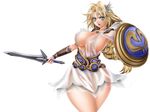  1041_(toshikazu) 1girl angry belt blonde_hair blue_eyes bracer braid breasts curvy hair_ornament hips huge_breasts jewelry long_hair looking_at_viewer milf nipples no_bra plump ponytail see-through shield simple_background single_braid solo sophitia_alexandra soul_calibur soulcalibur_iv sweat very_long_hair weapon white_background wide_hips 
