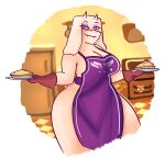 absurd_res alpha_channel anthro apron apron_only big_breasts boss_monster bovid breasts caprine cleavage clothed clothing eyelashes eyeshadow fangs female floppy_ears food fur gloves goat handwear hi_res holding_food holding_object horn lop_ears makeup mammal mature_female mosunoru pastry pie purple_apron purple_eyes purple_eyeshadow red_clothing red_gloves red_handwear simple_background smile solo teeth thick_thighs toriel transparent_background undertale undertale_(series) white_body white_fur white_horn wide_hips