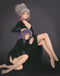  2girls absurdres alternate_hairstyle barefoot black_dress black_footwear breasts choker closed_mouth commentary crossed_legs dress earrings elf english_commentary fern_(sousou_no_frieren) formal frieren green_eyes grey_background grey_hair hair_between_eyes hair_bun hair_up hand_on_another&#039;s_head high_heels highres holding_hands jewelry knee_up leaning_on_person leaning_to_the_side leg_tattoo long_hair long_sleeves mawaw multiple_girls nail_polish on_floor plunging_neckline pointy_ears purple_eyes purple_hair single_hair_bun small_breasts sousou_no_frieren tattoo toenail_polish toenails updo 