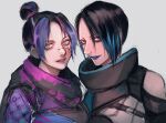  2girls apex_legends black_bodysuit black_hair black_scarf blue_hair blue_lips bodysuit catalyst_(apex_legends) clothing_cutout grey_background grey_bodysuit grey_eyes hair_behind_ear hair_bun highres multicolored_hair multiple_girls no_pupils open_mouth parted_lips portrait purple_eyes purple_hair scarf short_hair shoulder_cutout simple_background single_hair_bun sketch smile streaked_hair tama_(ponz3o1) wraith_(apex_legends) 