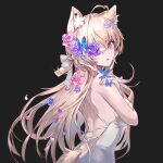  1girl absurdres ahoge animal_ear_fluff animal_ears black_background blonde_hair bow breasts bug butterfly cat_ears cat_girl cat_tail crossed_bangs double-parted_bangs dress flower grey_eyes hair_between_eyes hair_bow hair_flower hair_ornament hand_on_own_shoulder highres large_breasts lee_jooin long_hair looking_at_viewer open_mouth pink_flower purple_flower simple_background solo tail twice12314 v-lup very_long_hair virtual_youtuber white_bow white_dress 