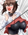  1girl ass bike_shorts blush brown_eyes brown_hair commentary_request gloves headgear highres kanchou kantai_collection open_mouth pantylines short_hair surprised sweatdrop taihou_(kantai_collection) tears white_gloves zanntetu 