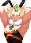  2boys absurdres animal animal_ears animalization bakugou_katsuki black_leotard blonde_hair boku_no_hero_academia carrot food food_in_mouth heart highres large_pectorals leotard looking_at_viewer male_focus male_playboy_bunny midoriya_izuku multiple_boys muscular muscular_male pectorals rabbit rabbit_boy rabbit_ears red_eyes simple_background spiked_hair strapless strapless_leotard upper_body white_background yazaki_(yazakc) 