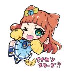  &gt;_o +_+ 1girl ;d aikatsu!_(series) aikatsu_stars! animal_hands bell blue_dress blue_socks blush_stickers bow chibi commentary_request dress fang from_side full_body gloves hair_bell hair_bow hair_ornament jingle_bell long_hair looking_at_viewer looking_to_the_side lowres nozo_(hitomiz) one_eye_closed orange_hair paw_gloves saotome_ako shoes simple_background smile socks solo translation_request white_background white_footwear yellow_bow 